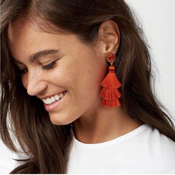 14K Yellow Gold with Burnt Orange Silk Thread Tassel and Quartz Druzy Earrings - Picture 4 of 9